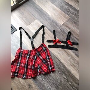 Red Plaid Skirt with Black Straps and Matching Harness Women’s Lingerie Size S